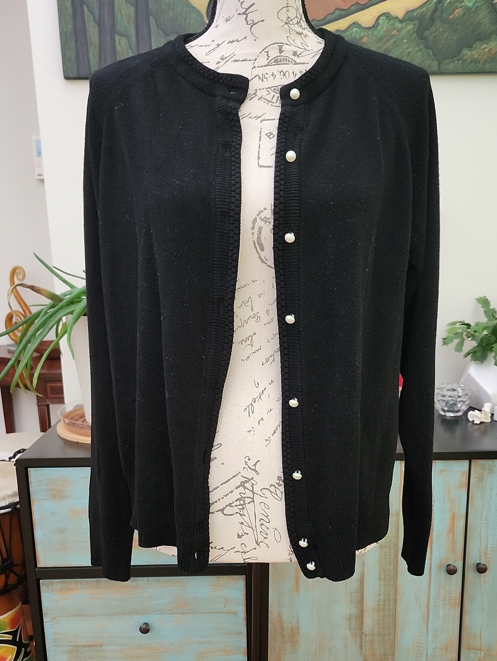 Karen Scott Petites Black Crewneck Cardigan Sweater Pearl Buttons